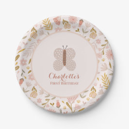 Plato De Papel Chicas Pink Gingham Wildflower Mariposa