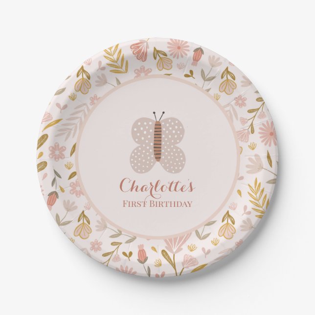 Plato De Papel Chicas Pink Gingham Wildflower Mariposa (Anverso)