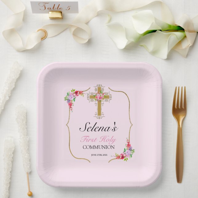 Plato De Papel Chicas Primero Bonito de la Santa Comunión Floral (Boda)