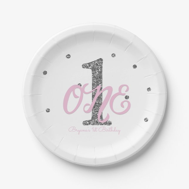 Plato De Papel Chicas Rosa y Plata Cumpleaños UNO 1 (Anverso)