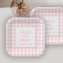 Plato De Papel Chicas rusos Rosados Gingham Check Baby Shower