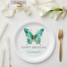 Plato De Papel Chicas se burlan de la mariposa verde Verde azulad