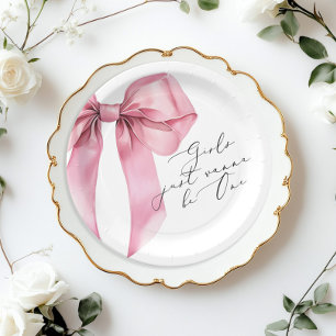 Plato De Papel Chicas sólo quieren ser un Bow Rosado 1er cumpleañ