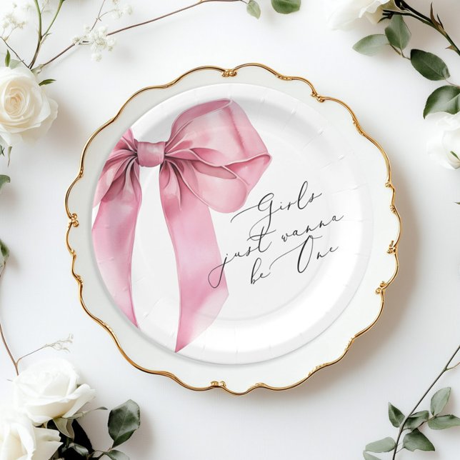 Plato De Papel Chicas sólo quieren ser un Bow Rosado 1er cumpleañ (Subido por el creador)