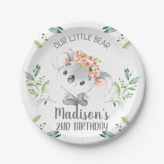 Plato De Papel Chicas Watercolor Koala Bear Cumpleaños (Anverso)