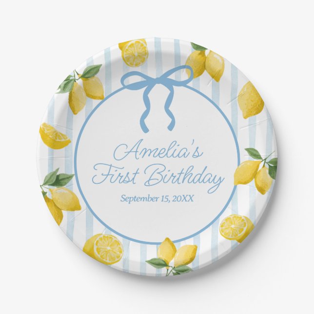 Plato De Papel Chicas Whimsical Blue Bow Lemon Amalfi Cumpleaños (Anverso)
