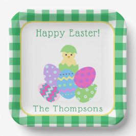 Plato De Papel Chick Colored Eggs Green Check Happy Easter