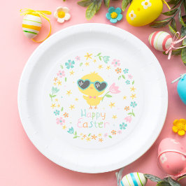 Plato De Papel Chick de Pascua con flores sobre fondo blanco