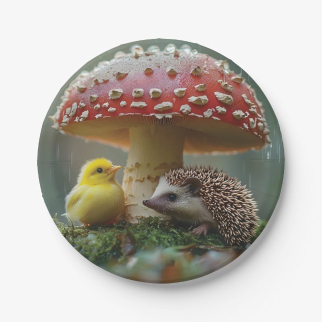 Plato De Papel Chick y peto escondiéndose bajo un hongo (Anverso)