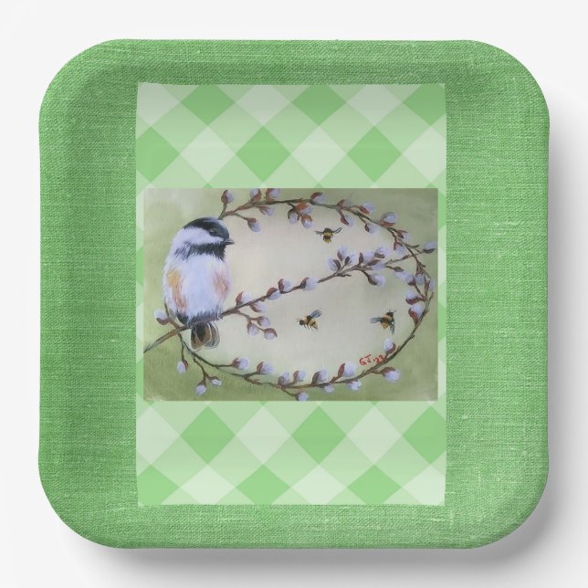 Plato De Papel Chickadee Pussy Willows Bebe (Anverso)