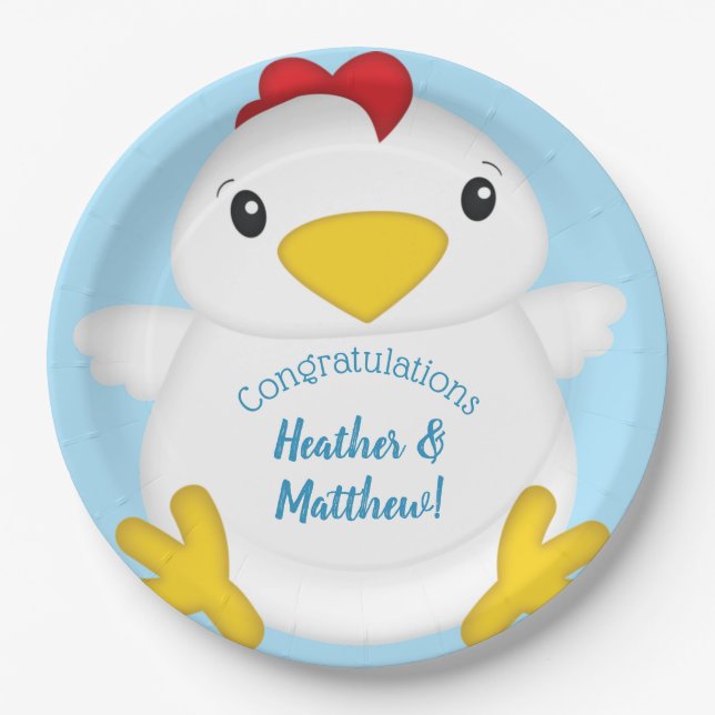 Plato De Papel Chicken Baby Shower Blue (Anverso)
