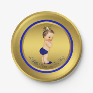 Plato De Papel Chico Azul Real Oro Príncipe Baby Shower