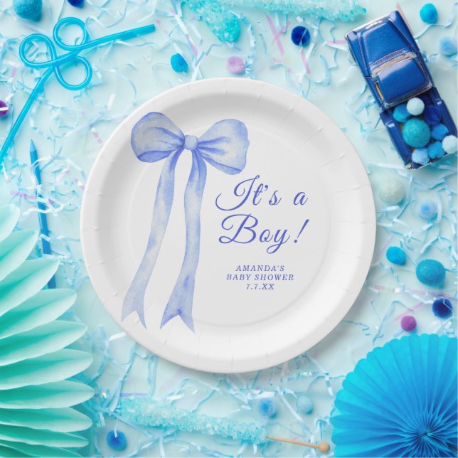 Plato De Papel Chico Bebé Cumpleaños Azul con un Arco (Fiesta)