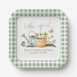 Plato De Papel Chico Brote Sage Gingham Jardín Baby Shower