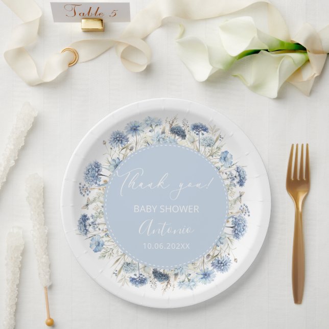 Plato De Papel Chico chica baby shower acuarela azul (Boda)