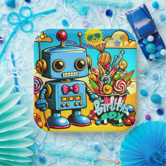 Plato De Papel Chico cumpleaños Robot Retro personalizable (Fiesta)