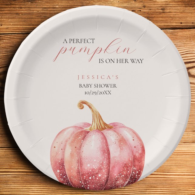 Plato De Papel Chico de Calabaza Rosa Baby Shower (Pink Pumpkin Paper Plate)