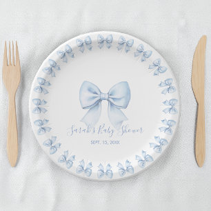 Plato De Papel Chico de lazos azules Baby Shower Acuarela y letra