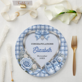 Plato De Papel Chico de Shower de Bebé con Lazo Azul Pastel Elega