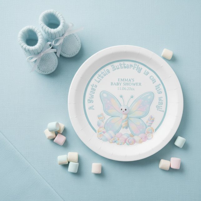 Plato De Papel Chico de Shower de Bebé Mariposa de Algodón de Azú (Blue Cotton Candy Butterfly Boy Baby Shower Paper Plates)