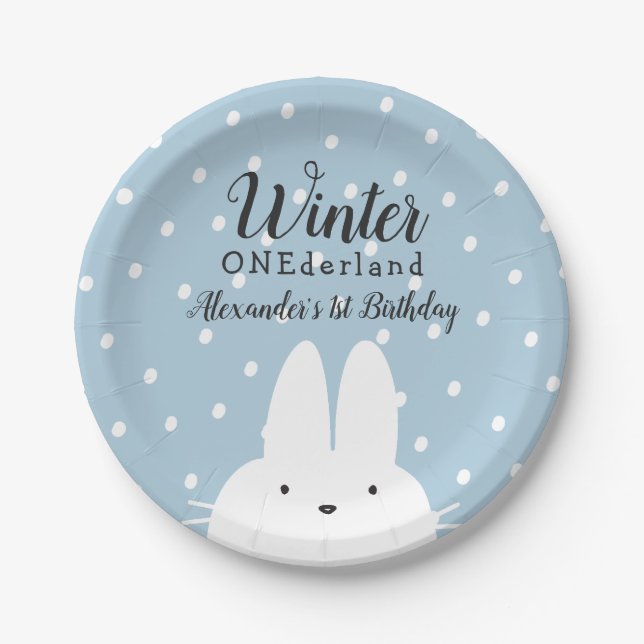 Plato De Papel Chico de Winter ONEderland cumpleaños 1 azul (Anverso)