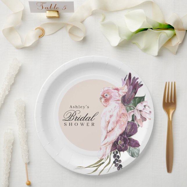 Plato De Papel Chico nupcial boho tropical femenino rosa loro (Boda)