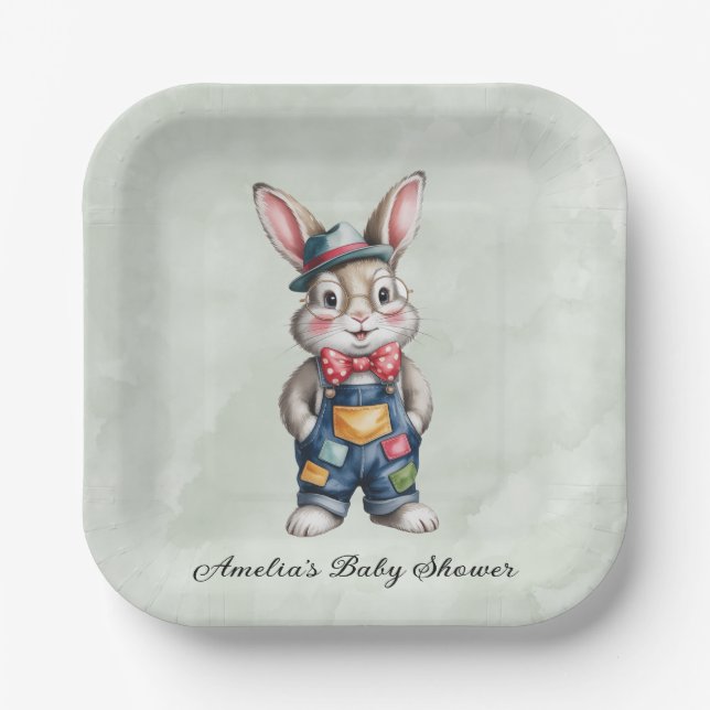 Plato De Papel Chico Shower de Bebé Hipster Bunny (Anverso)