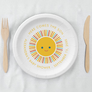 Plato De Papel Chico Sol Fiesta de Bebé Aquí Viene el Hijo