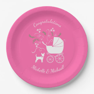 Plato De Papel Chihuahua Baby Shower Puppy Perro Chica Rosa