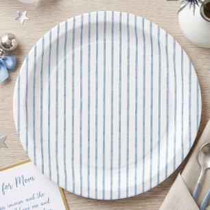 Plato De Papel Chimenea Azul Aquarela Baby Shower con Lazo a Raya