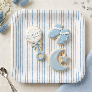 Plato De Papel Chimenea Azul Aquarela Baby Shower con Lazo de Ray