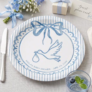 Plato De Papel Chimenea Azul Aquarela Baby Shower con Lazo en Ray