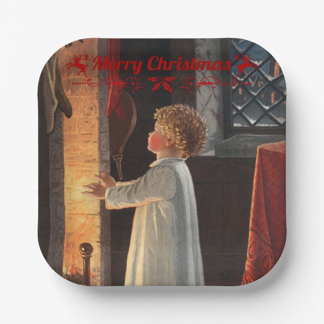Plato De Papel Chimenea de navidades, medias y un niño (Anverso)
