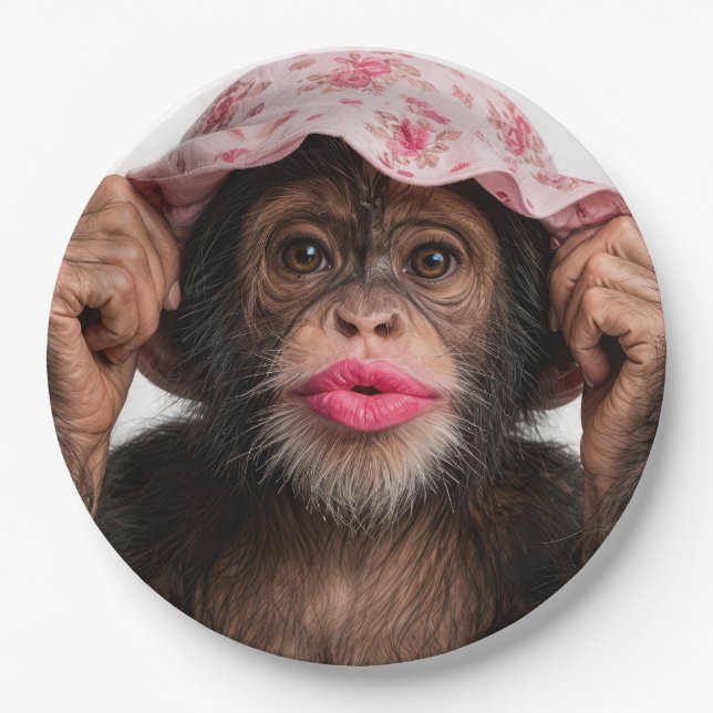 Plato De Papel Chimpancé con lápiz labial rosa (Anverso)