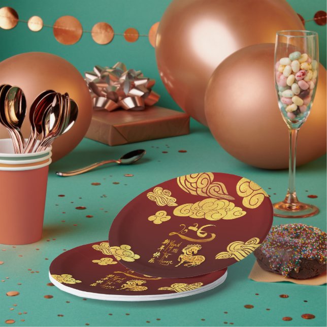 Plato De Papel Chinese New Year Horse 2026 Gold Clouds PPP (Multi)