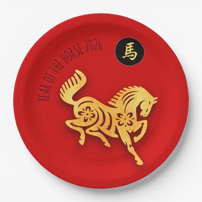 Plato De Papel Chinese New Year Red Golden Horse 2026 PP (Anverso)