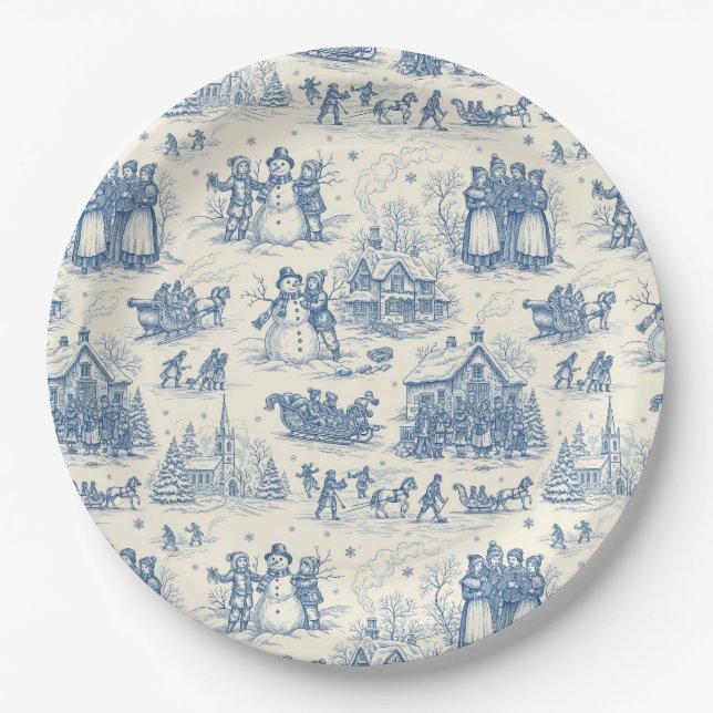 Plato De Papel Chinoisería de Toile de Invierno Azul (Anverso)