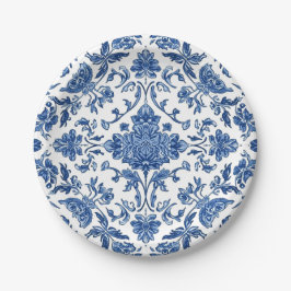 Plato De Papel Chinoisería Floral Azul Acuarela Blanca