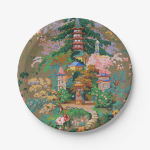Plato De Papel Chinoiserie Antiguo China Colorido Templo Jardín