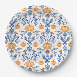 Plato De Papel Chinoiserie Azul Blanco Naranja Calabazas de Otoño