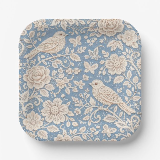 Plato De Papel Chinoiserie Bird and Flower Seamless Pattern (Anverso)