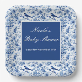 Plato De Papel Chinoiserie Blue Birds and Flowers Baby Shower