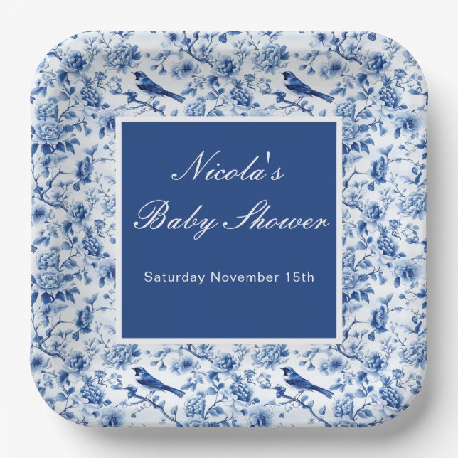 Plato De Papel Chinoiserie Blue Birds and Flowers Baby Shower (Anverso)