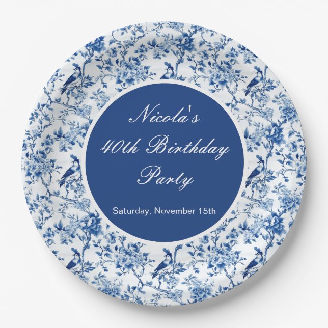 Plato De Papel Chinoiserie Blue Birds and Flowers Birthday (Anverso)