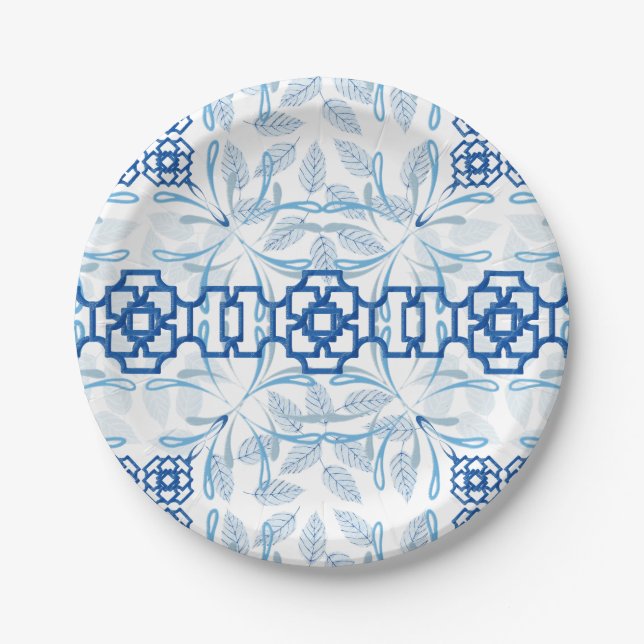 Plato De Papel Chinoiserie floral geométrica azul y blanca (Anverso)
