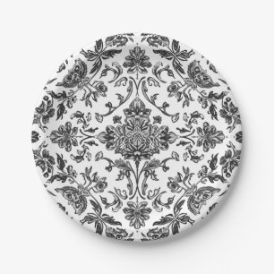 Plato De Papel Chinoiserie Floral Negro y Blanco Acuarela