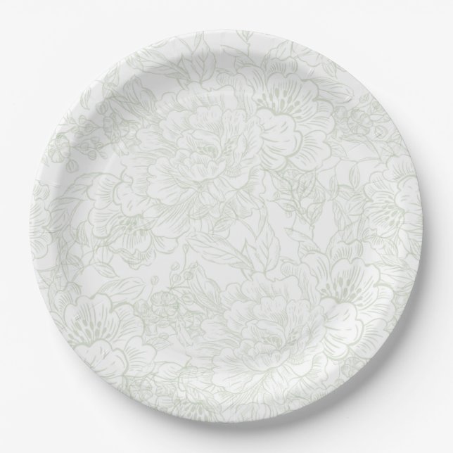Plato De Papel Chinoiserie Green Sage Peony Boda (Anverso)