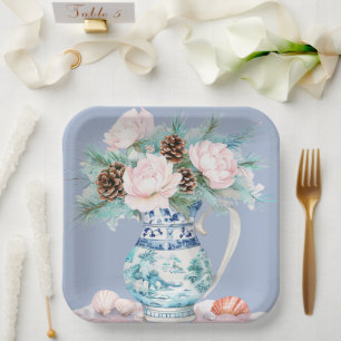 Plato De Papel Chinoiserie Jug con Pinecones y Seasheles