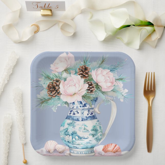 Plato De Papel Chinoiserie Jug con Pinecones y Seasheles (Boda)