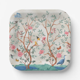 Plato De Papel Chinoiserie Mural con Garzas y Flores